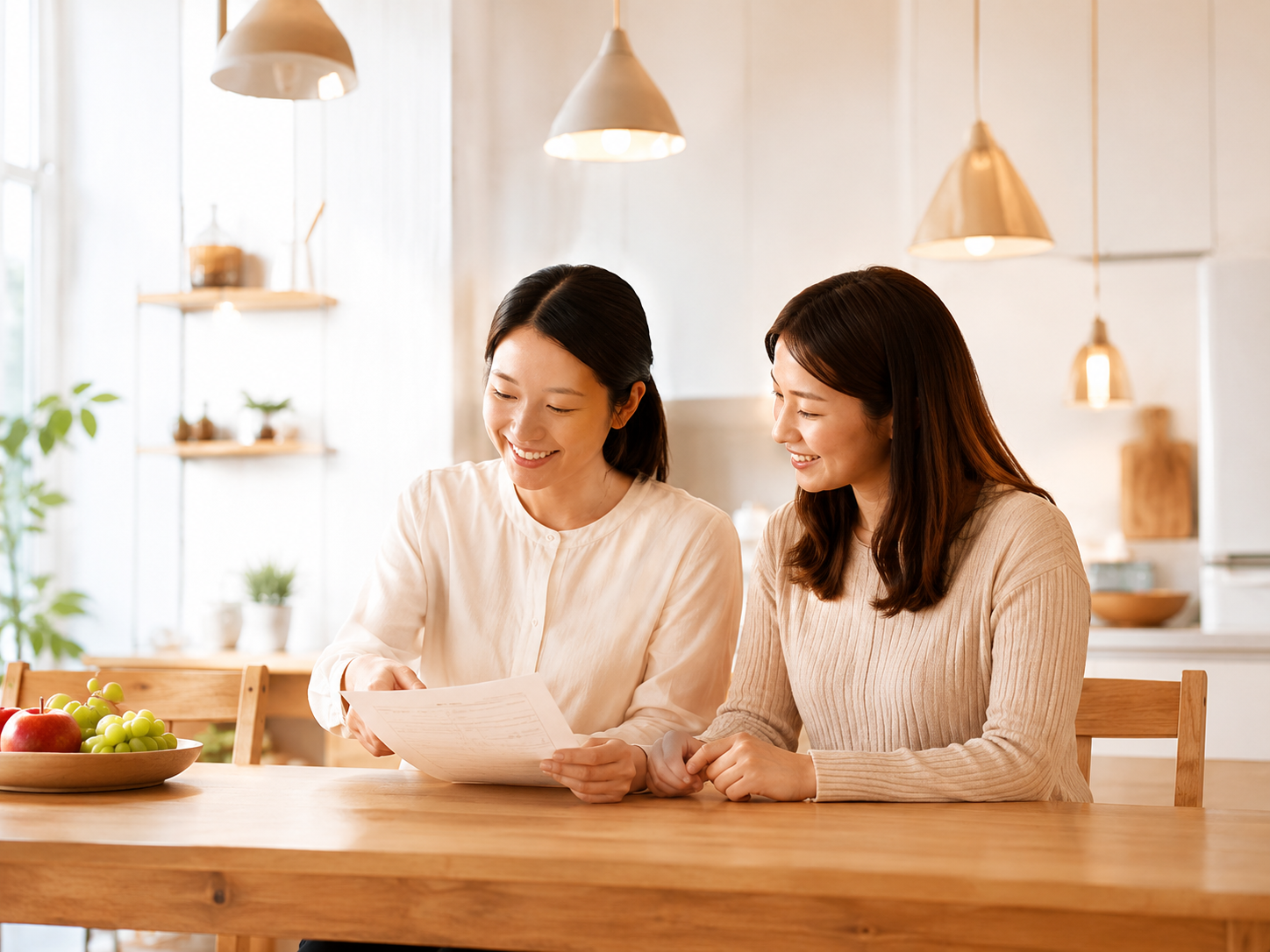 ダイニングで説明を受ける女性