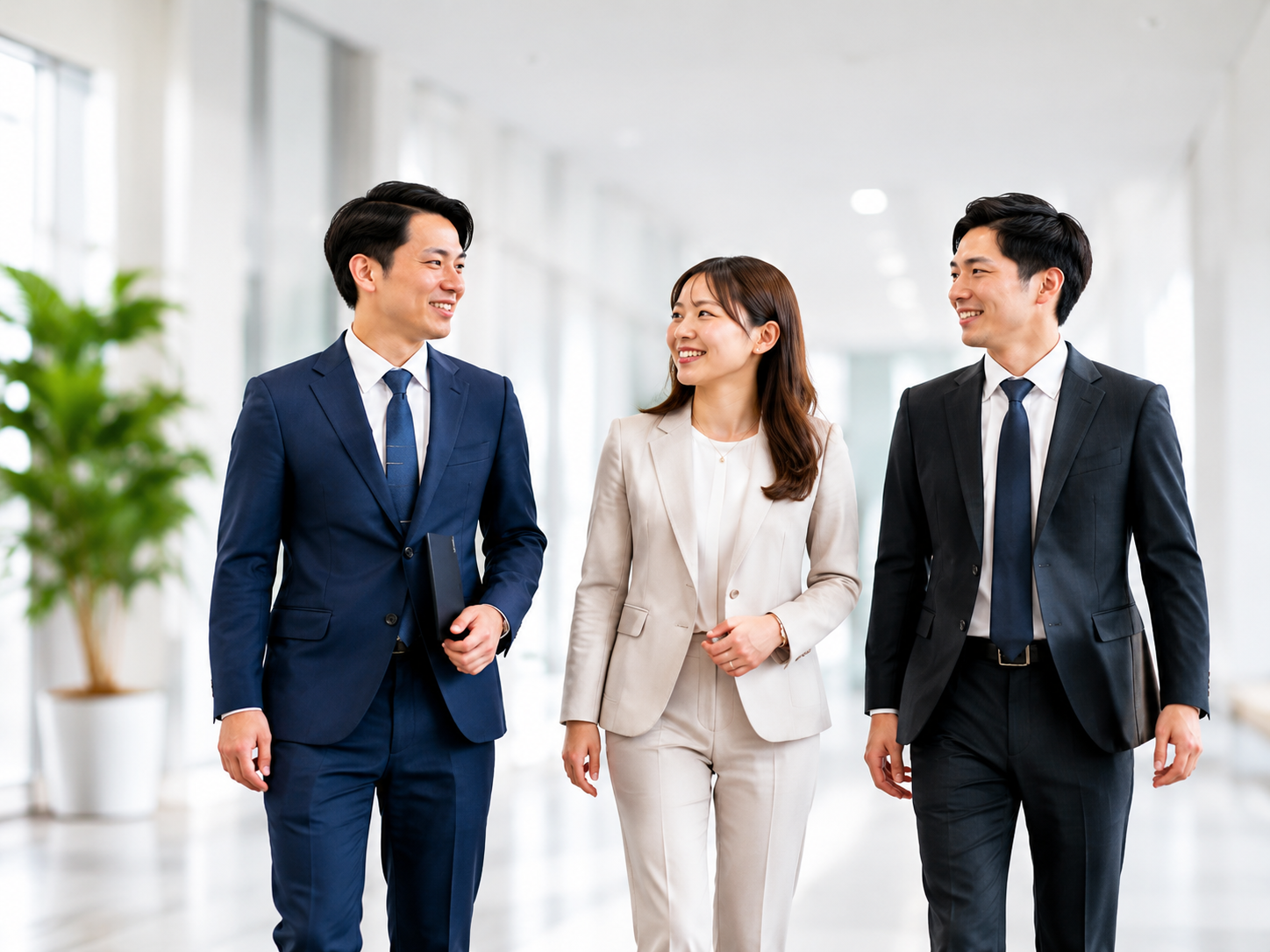 オフィスで歩く3名のビジネスパーソン